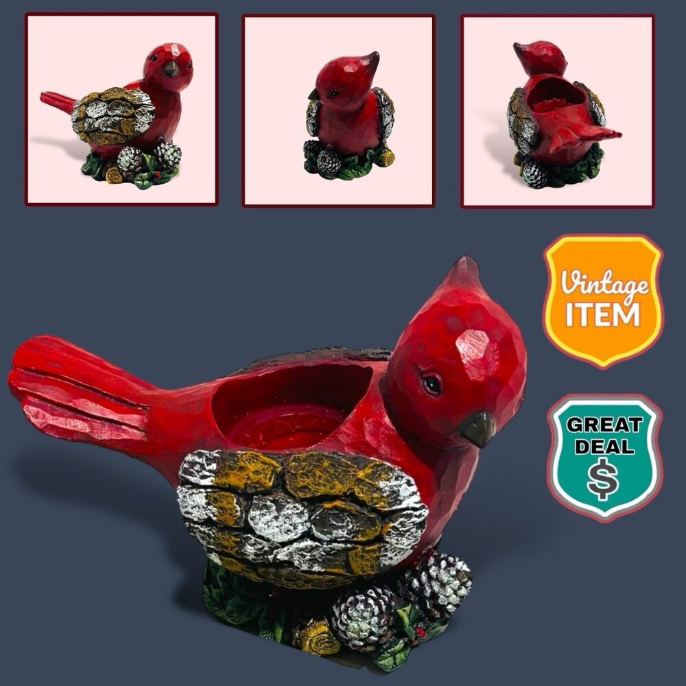 Vintage Kohls Red Cardinal Bird Resin Votive Tealight Candle Holder.
